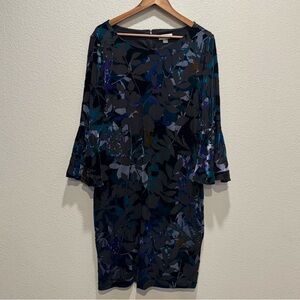 🌌Calvin Klein Velvet Burnout Floral Bell Sleeve Dress 14 Elegant Cocktail Midi